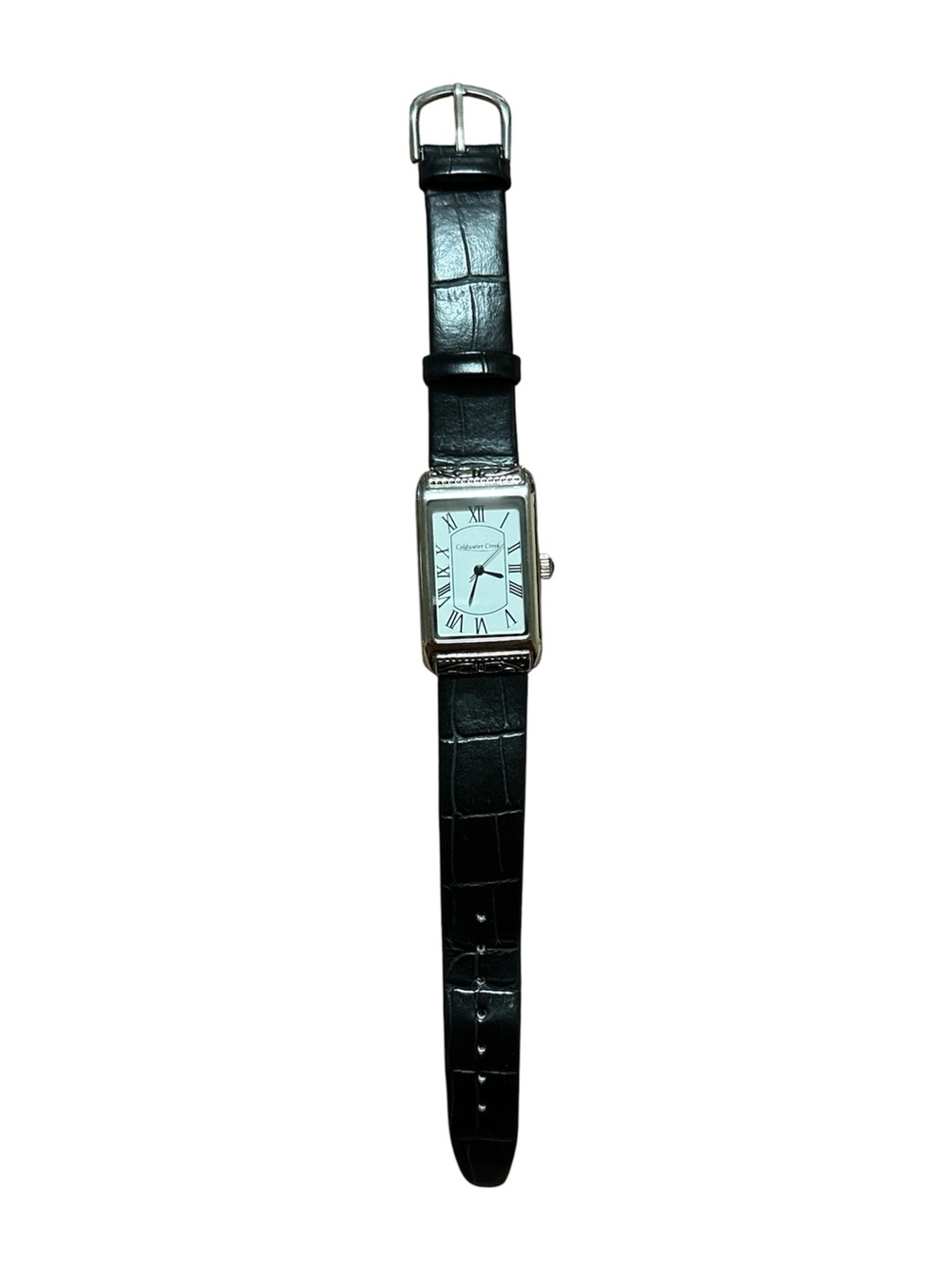 Coldwater Creek Rectangular Silver Watch with Black Leather Strap
